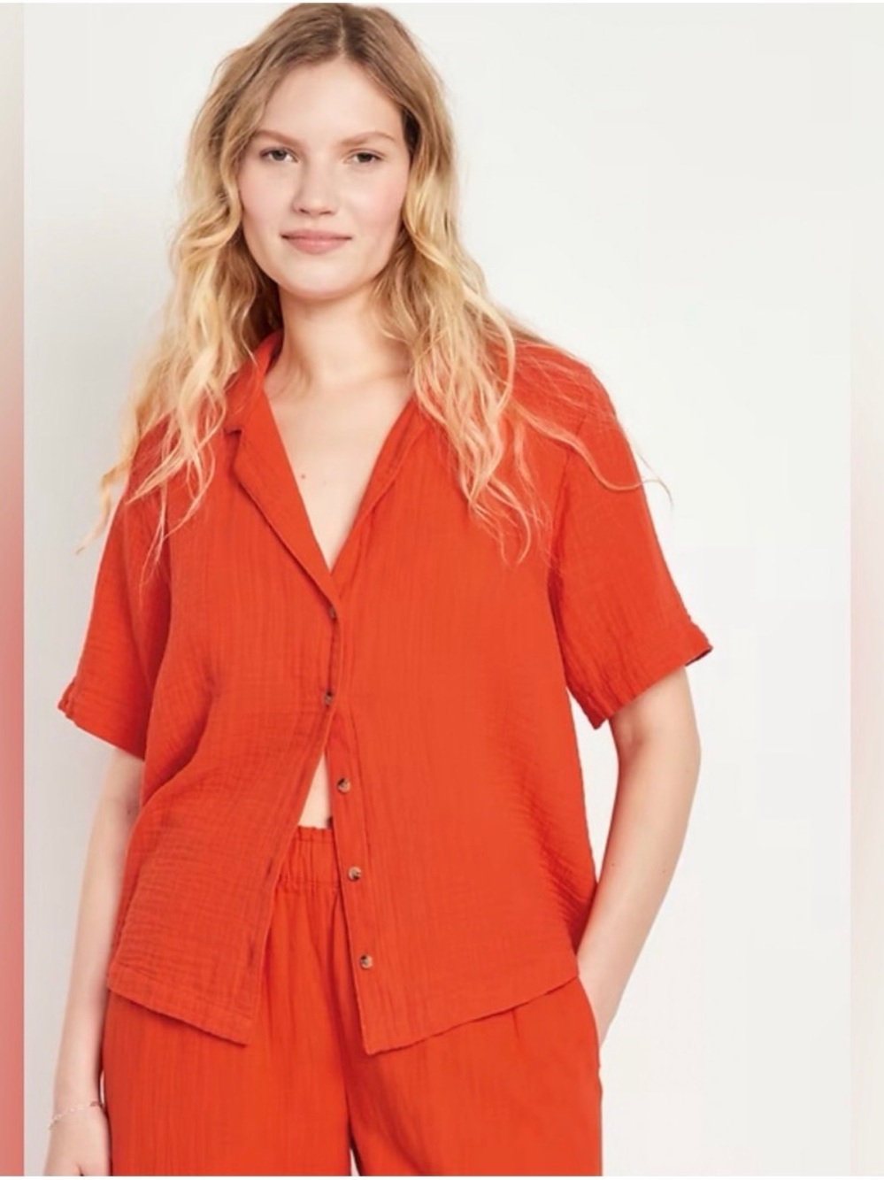 Old Navy Short-Sleeve Button-Down Crinkle Gauze Top and Bottom in Bright Orange